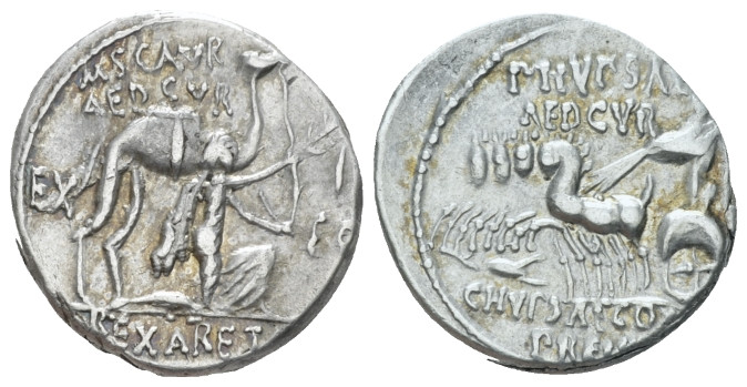 M. Aemilius Scaurus, P. Plautius Hypsaeus. Denarius circa 58, AR 17.60 mm., 3.98...