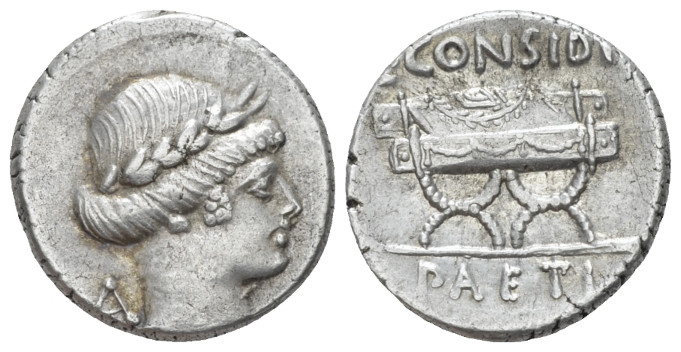 T. Considius Paetus. Denarius circa 46, AR 16.30 mm., 4.05 g.
Laureate head of ...