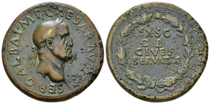 Galba, 68-69 Sestertius Rome 68-69, Æ 34.00 mm., 28.16 g.
Laureate head r. Rev....