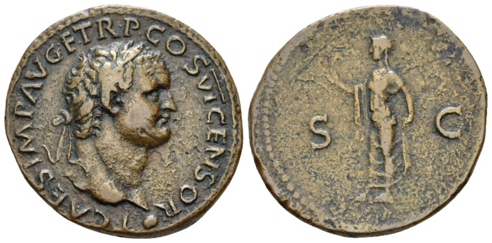 Titus caesar, 69-79 As Rome 77-78, Æ 27.00 mm., 9.63 g.
Laureate head r.. Rev. ...