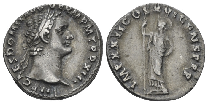 Domitian, 81-96 Denarius Rome 93-94, AR 18.00 mm., 3.49 g.
Laureate head r. Rev...