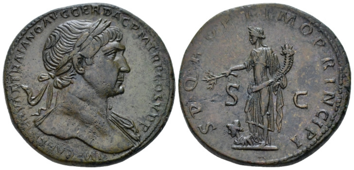 Trajan, 98-117 Sestertius Rome circa 104/5-107, AR 32.00 mm., 25.26 g.
Laureate...