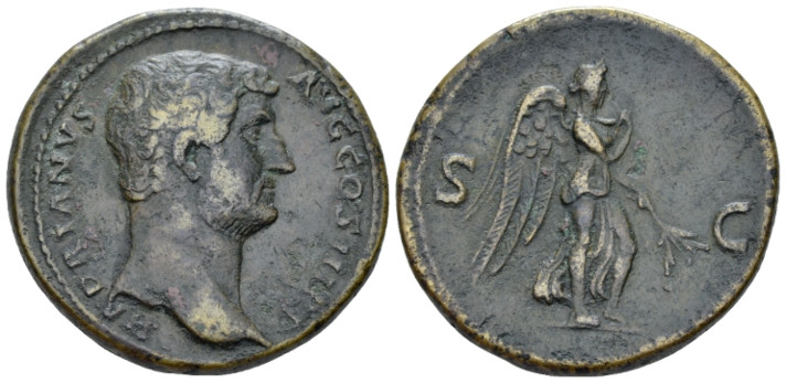 Hadrian, 117-138 Sestertus Rome circa 136, Æ 32.00 mm., 23.50 g.
Bare head r. R...