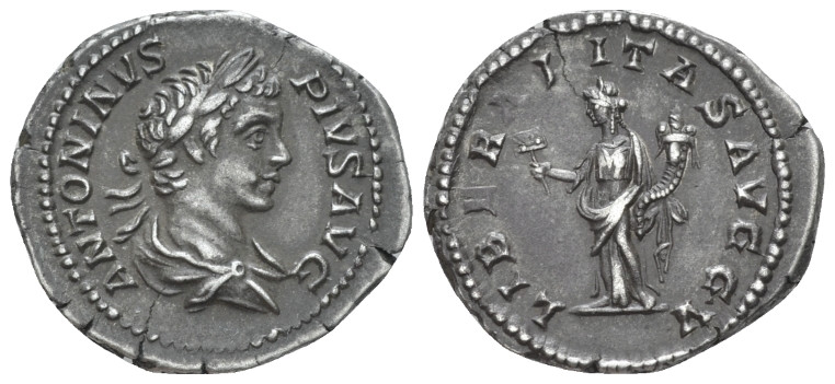 Caracalla, 198-217 Denarius circa 201-206, AR 20.00 mm., 3.56 g.
ANTONINVS PIVS...