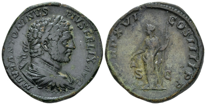 Caracalla, 198-217 Sestertius Rome circa 213, Æ 31.00 mm., 23.48 g.
Laureate, d...