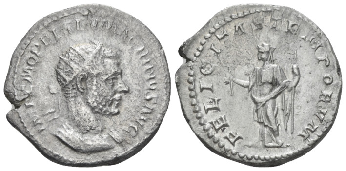 Macrinus, 217-218 Antoninianus Rome 217-218, AR 23.00 mm., 5.21 g.
Radiate, dra...