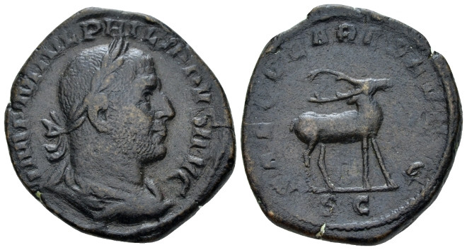 Philip I, 244-249 Sestertius Rome 249, Æ 30.00 mm., 18.63 g.
Laureate, draped a...