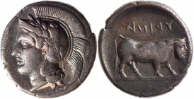 CAMPANIE, Hyria (405-385). Didrachme (7.04 g) à la tête d’Athéna coiffée du casque attique. R/Taureau androcéphale à d. Pozzi 75. Peu courant et TB...