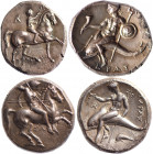 CALABRE, Tarente (334-330). Statère (6,53 g) au cavalier couronnant son cheval. R/ Taras sur le dauphin tenant corne d’abondance, trident et bouclier....
