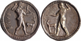BRUTTIUM, Caulonia (525-500). Statère incus (8.13 g) à l’Apollon nu tenant de sa main droite une branche de laurier et avec sur son bras gauche un pet...