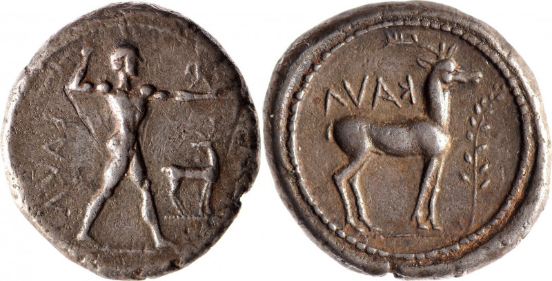 BRUTTIUM, Caulonia (475-425). Statère (7.93 g) à l’Apollon nu tenant de sa main ...