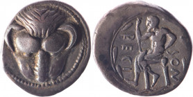 BRUTTIUM, Rhegium (466-415). Drachme (4.19 g) au mufle de lion, de face. R/ Aristée (Iokastos) assis à g. Pozzi 325, HN Italy 2478. Rare et TB