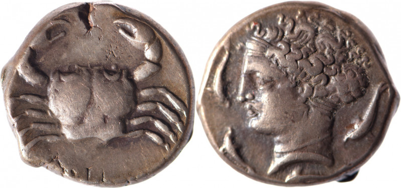 SICILE, Motya (405-397). Tétradrachme (17.12 g) anépigraphe au crabe et à la têt...