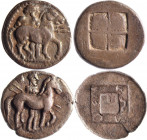 MACEDOINE, Bisaltes (475-465). Drachme (4.27 g) au guerrier nu portant deux lances derrière son cheval. R/ Carré creux quadriparti. Pozzi 696. TB. On ...