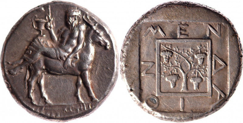 MACEDOINE, Mendé (460-423). Tétradrachme (17.42 g) au Dionysos sur le dos d’un â...