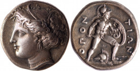 LOCRIDE, Oponte (369-338). Statère (12.10 g) à la tête de Perséphone couronnée de roseaux (beau style syracusain). R/ Ajax nu, casqué et armé marche a...