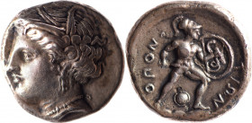 LOCRIDE, Oponte (369-338). Statère (10.89 g) à la tête de Perséphone couronnée de roseaux de style plus fruste. Au revers, petit bouclier rond entre l...