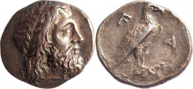 ELIDE, Elis (vers 348 av.). Statère (11.31 g) à la tête de Zeus à d. R/ Aigle sur un foudre accosté de F et A. Provenance : AA Platt, 1938. Pozzi 1865...