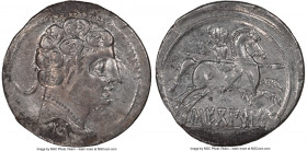 SPAIN. Sekobirikes (Segobriga). Ca. 2nd-1st centuries BC. AR denarius (21mm, 6h). NGC XF, brushed. Bare male head right, wearing necklace; crescent to...
