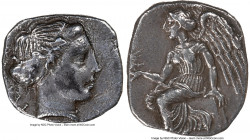 BRUTTIUM. Terina. Ca. 440-400 BC. AR triobol (15mm, 2.18 gm, 2h). NGC Choice XF 4/5 - 2/5. Ca. 420-400 BC. Head of the nymph Terina right, hair in sph...