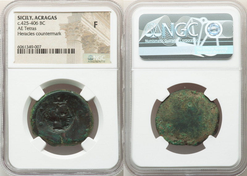 SICILY. Acragas. Ca. 425-406 BC. AE tetras (31mm). NGC Fine, countermark. Crab, ...