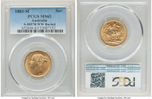 Victoria gold "St. George" Sovereign 1883-M MS63 PCGS, Melbourne mint, KM7, S-3857B. Variety with W.W. buried. 

HID09801242017

© 2022 Heritage A...