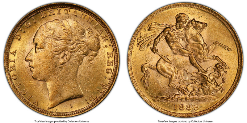 Victoria gold "St. George" Sovereign 1886-S MS61 PCGS, Sydney mint, KM7, S-3858E...