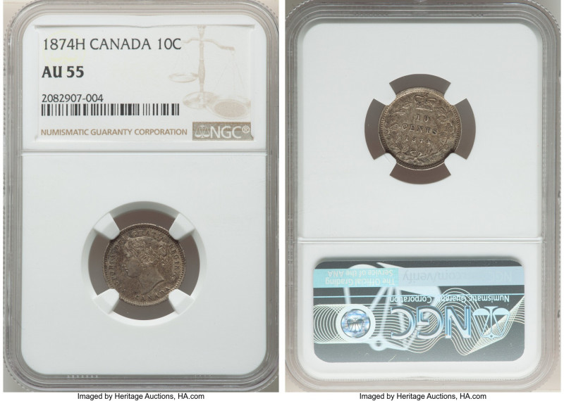 Victoria 10 Cents 1874-H AU55 NGC, Heaton mint, KM3. Well struck portrait with o...