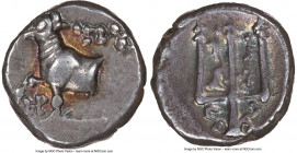 THRACE. Byzantium. Ca. 387-340 BC. AR hemidrachm (11mm, 10h). NGC XF. Bull standing left on dolphin left; ΠY above, monogram below / Trident. HGC 3.II...