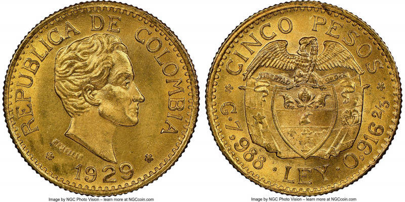 Republic gold 5 Pesos 1929 MS66 NGC, Medellin (MFDFLLIN) mint, KM204. Gem surfac...