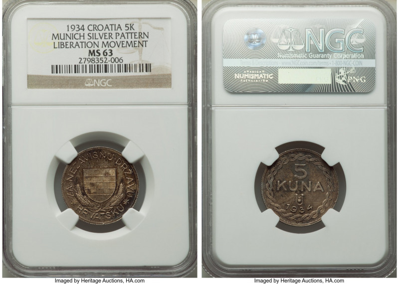 Republic silver Pattern 5 Kuna 1934 MS63 NGC, Munich mint, KM-Pn7. Issued for th...