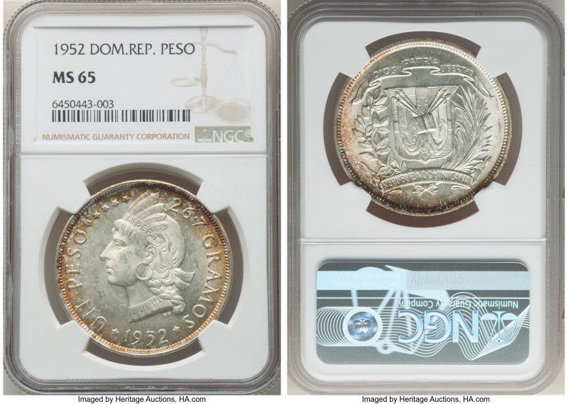 Republic Peso 1952 MS65 NGC, Philadelphia mint, KM22. Peripheral toning in a but...