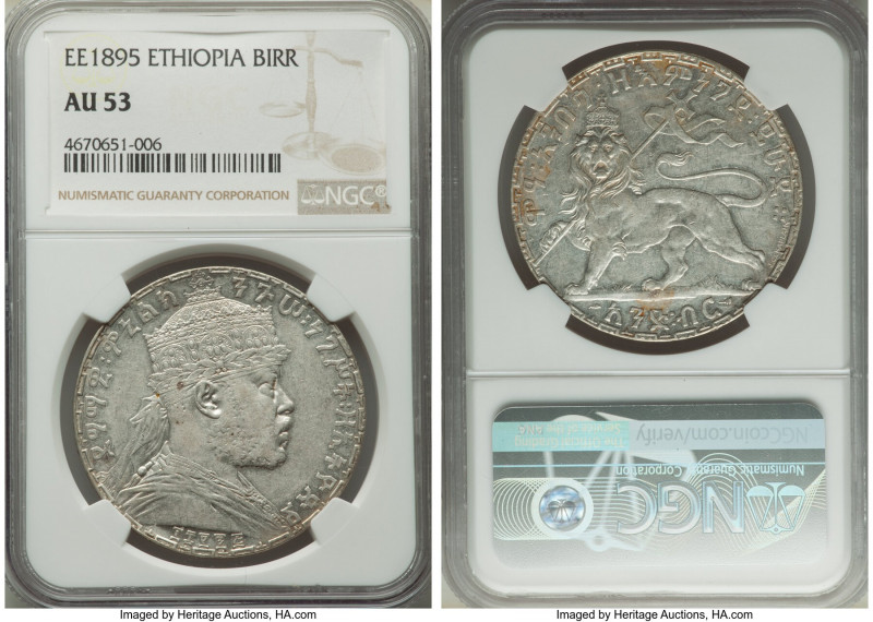 Menelik II Birr EE 1895 (1902/1903) AU53 NGC, Paris mint, KM19. 

HID098012420...