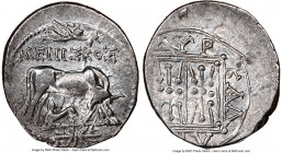 ILLYRIA. Dyrrhachium. Ca. 3rd-1st centuries BC. AR drachm (18mm, 1h). NGC Choice VF. Meniscus as moneyer, Dionysus as magistrate. MENIΣKOΣ, cow standi...