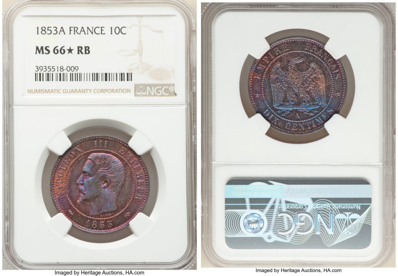 Napoleon III 10 Centimes 1853-A MS66 S Red and Brown NGC, Paris mint, KM771.1. V...