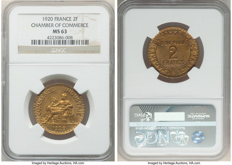 Republic 2 Francs 1920 MS63 NGC, Paris mint, KM877. French Chamber of commerce. ...