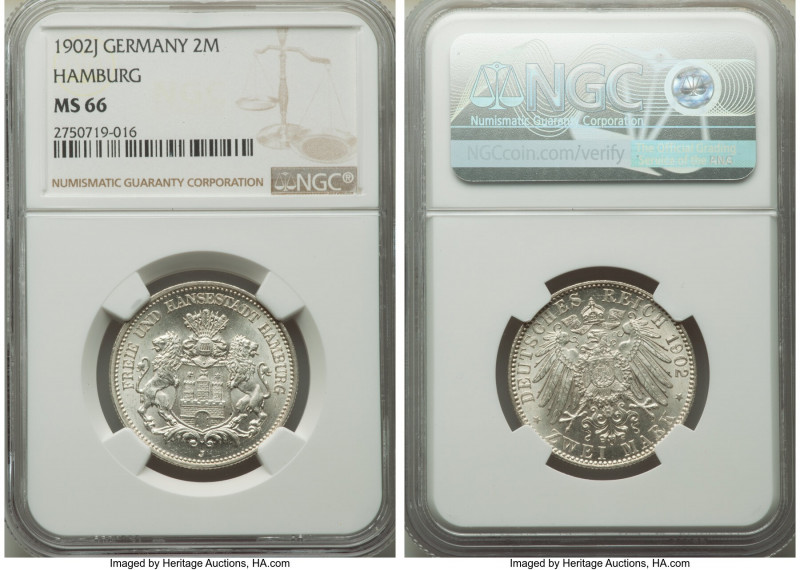Hamburg. Free City 2 Mark 1902-J MS66 NGC, Hamburg mint, KM612. Untoned fully wh...