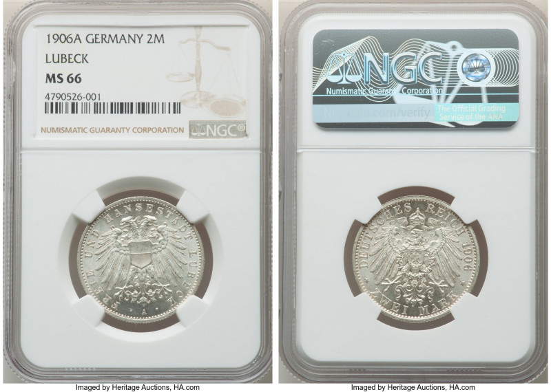 Lübeck. Free City 2 Mark 1906-A MS66 NGC, Berlin mint, KM212, J-81. Mintage: 25,...