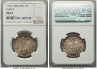 Lübeck. Free City 2 Mark 1911-A MS67 NGC, Berlin mint, KM212. Mottled russet & gray tone with underlying mint bloom. 

HID09801242017

© 2022 Heri...