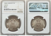 Lübeck. Free City 3 Mark 1908-A MS67 NGC, Berlin mint, KM215. Muted luster, taupe-gray tone with turquoise accents. 

HID09801242017

© 2022 Herit...