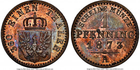 Prussia. Wilhelm I Proof Pfennig 1873-A PR63 Red and Brown NGC, Berlin mint, KM480. Lovely red with inconsistent pattern of blue-gold tone. 

HID098...