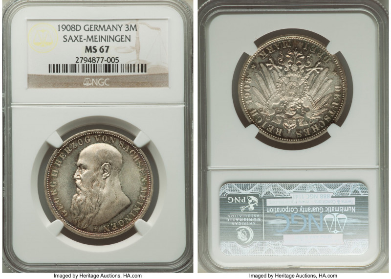 Saxe-Meiningen. Georg II 3 Mark 1908-D MS67 NGC, Munich mint, KM203, J-152. Love...