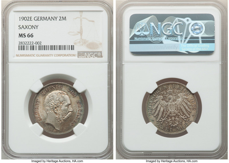 Saxony. Albert 2 Mark 1902-E MS66 NGC, Muldenhutten mint, KM1245. Attractive pea...