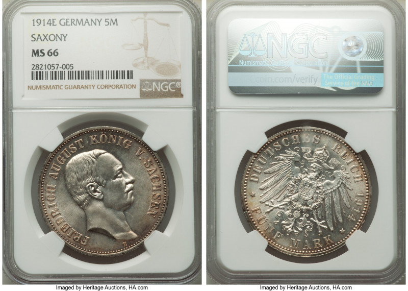 Saxony. Friedrich August III 5 Mark 1914-E MS66 NGC, Muldenhutten mint, KM1266, ...