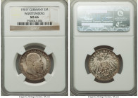 Württemberg. Wilhelm II 2 Mark 1901-F MS66 NGC, Stuttgart mint, KM631. Cloudy mauve-gray toning with twirling luster. 

HID09801242017

© 2022 Her...