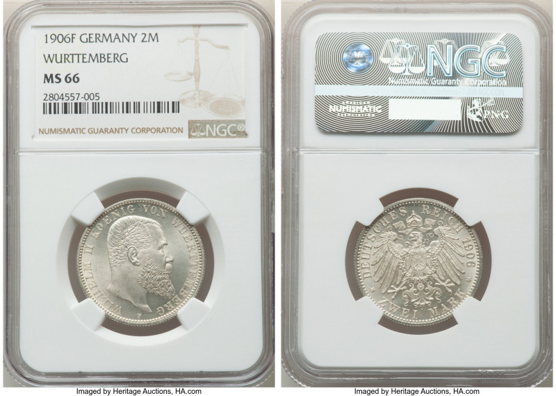 Württemberg. Wilhelm II 2 Mark 1906-F MS66 NGC, Stuttgart mint, KM631, J-174. Sa...