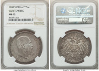 Württemberg. Wilhelm II 5 Mark 1900-F MS65 NGC, Stuttgart mint, KM632, J-176. Semi-prooflike sheathed in dove-gray toning. 

HID09801242017

© 202...
