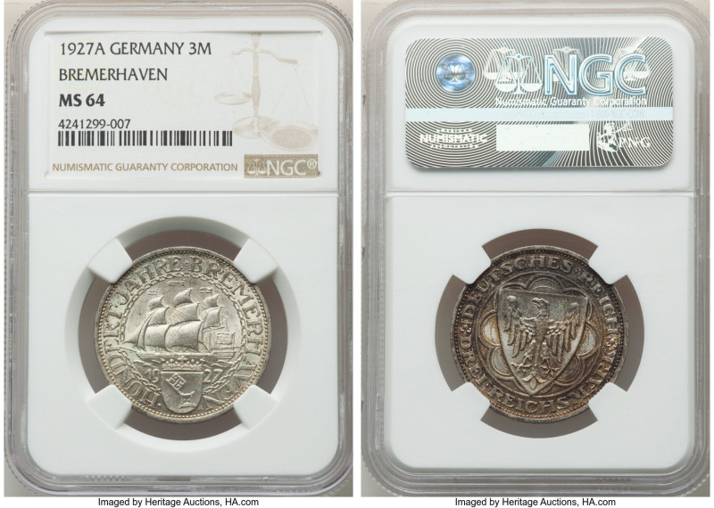 Weimar Republic "Bremerhaven" 3 Mark 1927-A MS64 NGC, Berlin mint, KM50, j-325. ...