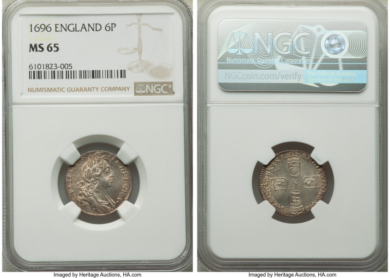 William III 6 Pence 1696 MS65 NGC, KM484.1. Fully struck and draped in orange an...