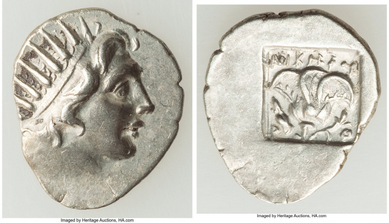 CARIAN ISLANDS. Rhodes. Ca. 88-84 BC. AR drachm (17mm, 2.27 gm, 10h). VF. Plinth...